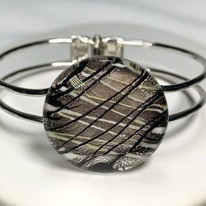 Murano Art Glass Bracelet Silvery Black White glass on Hinged Cuff